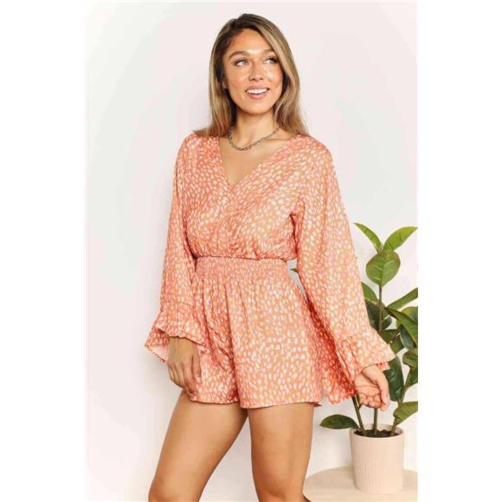 NWT Double Take Printed Flare Sleeve Surplice Romper in Tangerine, Flirty, Fun - Picture 1 of 5